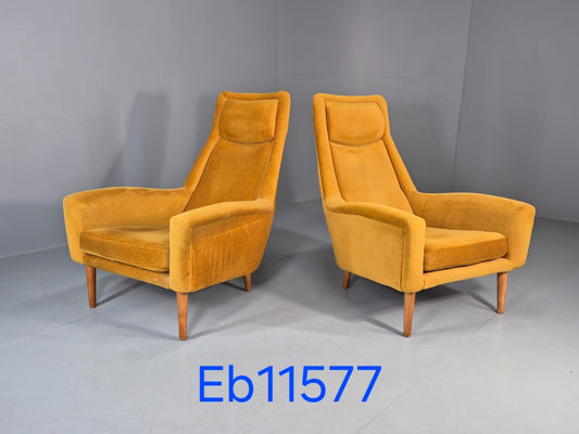 2 Everest Mid Century Lounge Chairs Mustard Velour High Back EB11577 MNOR1