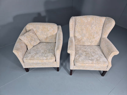 2 1970s Retro LOunge Chairs Danish Floral Cream Upholstery EB10764 VCLO3