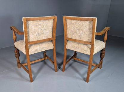 2 Antique Hall Chairs in Oak Frame and Floral Upholstery EB7362 VCAR9