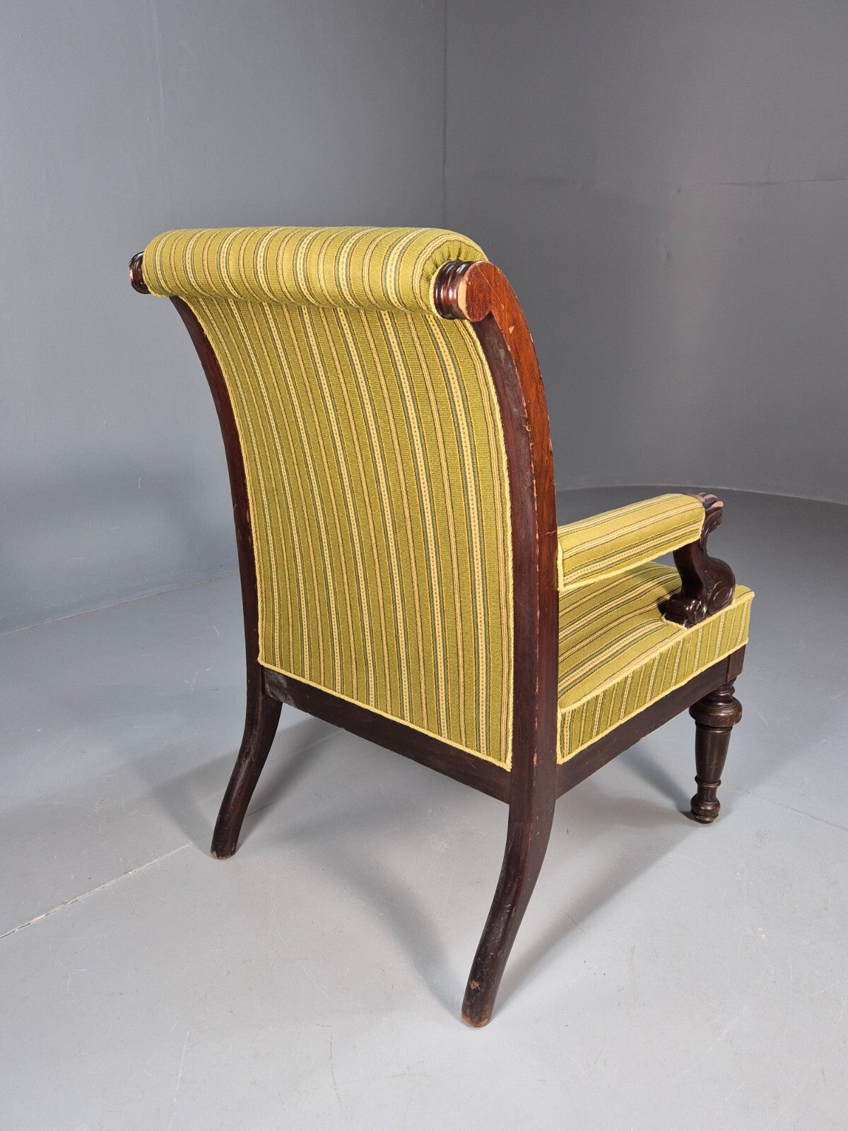 Antique Green Striped Armchair Carved Lion Figures Danish Mahogany EB9626 VCAR - UKDK FURNITURE