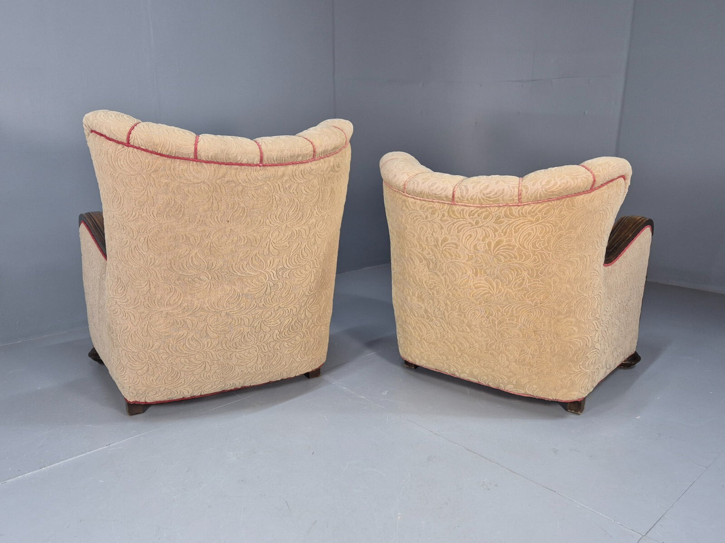 Art Deco Style Armchairs Pair Carved Oak Figures Creme Red Velour EB9586 VCAR - UKDK FURNITURE
