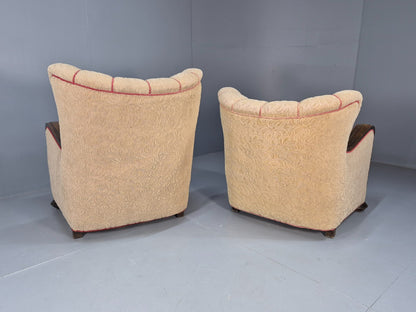 Art Deco Style Armchairs Pair Carved Oak Figures Creme Red Velour EB9586 VCAR - UKDK FURNITURE