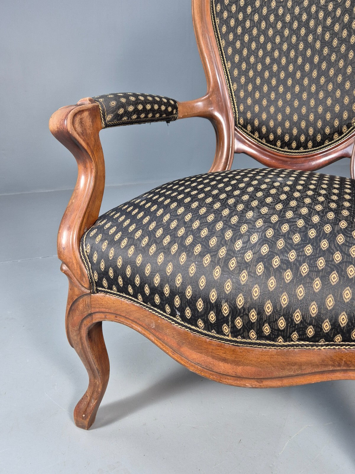 Antique Mahogany Armchair Black Pattern Fabric Louis XV Style EB9552 VCLO - UKDK FURNITURE