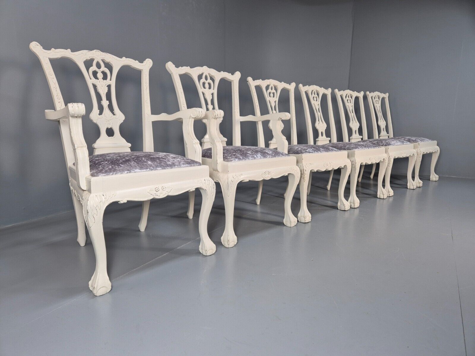 6 Vintage Chippendale Style Chairs White Painted Blue Chenille 1950s EB9394 VDIN - UKDK FURNITURE