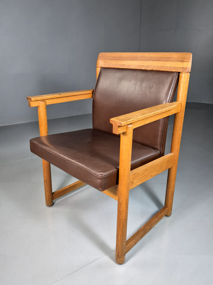 Vintage Scandinavian Elbow Chair Brown Leather Oak Frame Retro MCM EB7021 MNOR - UKDK FURNITURE