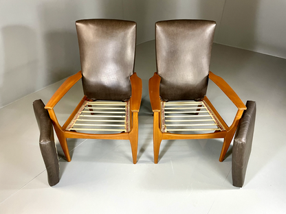 2 Parker Knoll Lounge Chairs Beech Vinyl MCM Retro PK988/1023 EB6264 MNOR4