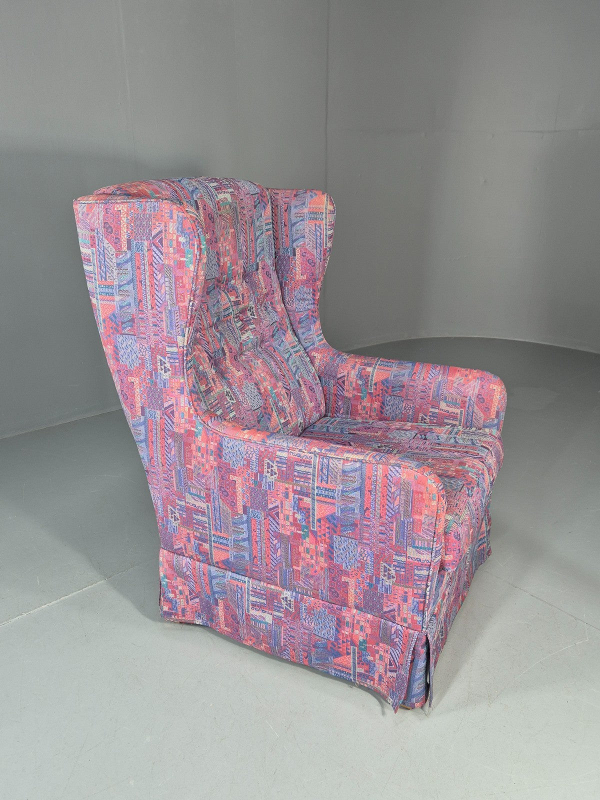 Vintage Danish Wingback Chair 1980s Retro Geometric Cotton Weave EB11291 MNOR5