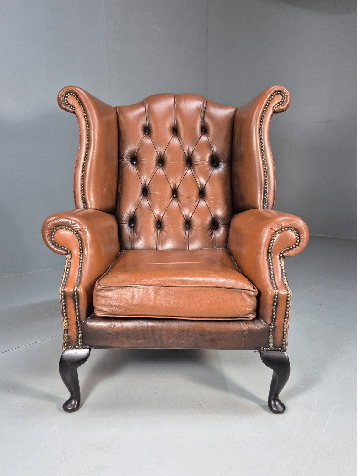 Vintage Leather Wingback Queen Anne Chair Brown 1980s Retro EB9543 VLEA - UKDK FURNITURE