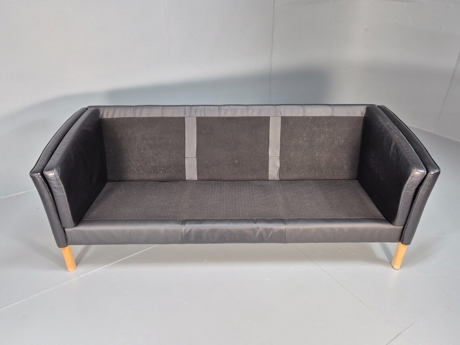 Vintage Danish 3 Seat Sofa Black Leather and Vinyl Straight Back EB8616 M3SS - UKDK FURNITURE