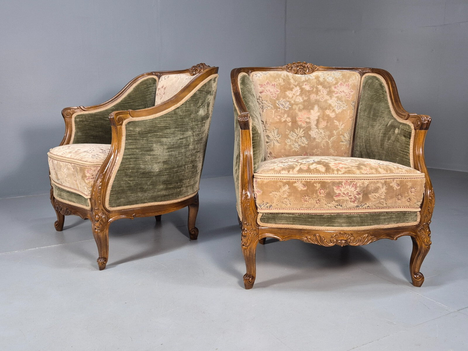 2 Vintage Rococo Armchairs 1920s Danish Green and Floral Antique EB9555 VCLO - UKDK FURNITURE