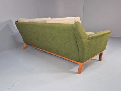 Mid Century 3 Seater Sofa Green Cream Fabric Teak Vintage Scandi EB9794 M3SS - UKDK FURNITURE