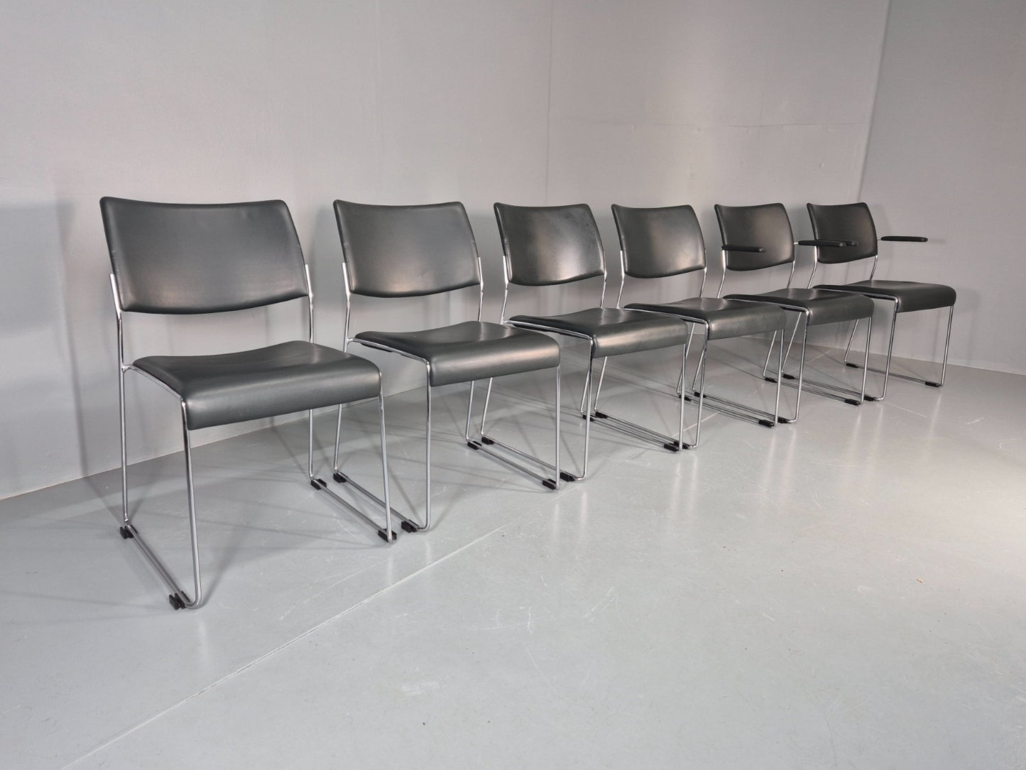 6 Leather Stacking Chairs Brunner Linos Dark Green Chrome Modern EB11734 MSTA0