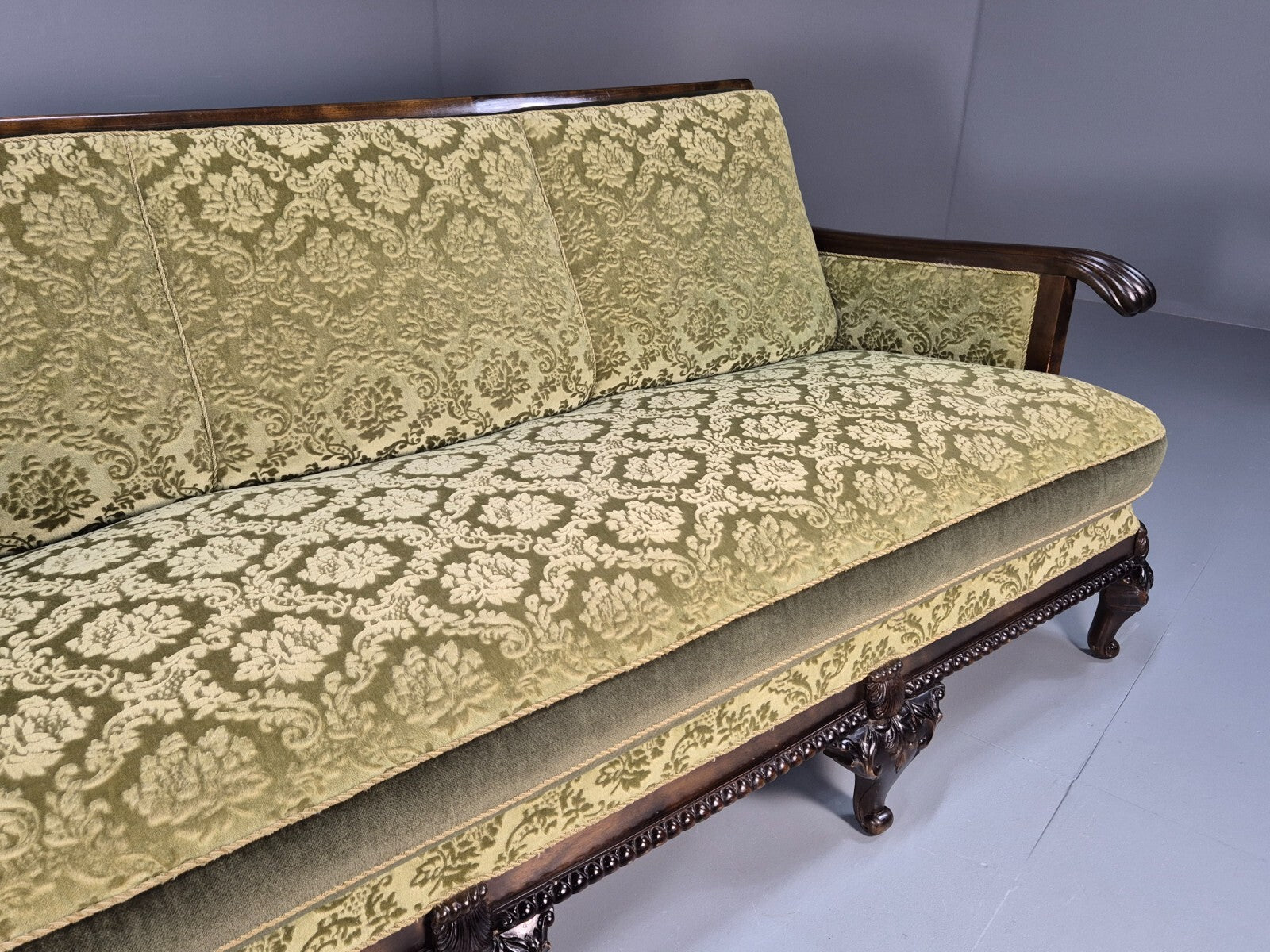 Antique Danish Baroque Style 3 Seat Sofa Green Moquette Carved Wood EB9636 V3SS - UKDK FURNITURE