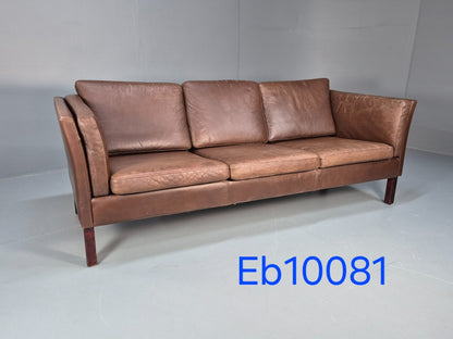 Mid Century Retro Settee Three Seater Brown Leather Vintage Denmark EB10081 M3SS0