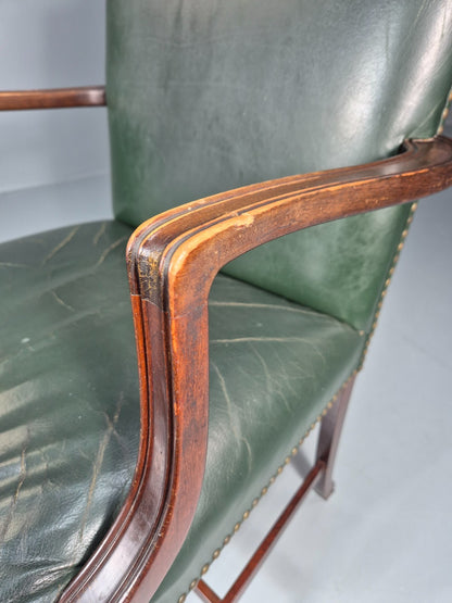 Georgian Style Elbow Chair Green Leather Mahogany Frame Danish 1970 EB10809 VLEA9