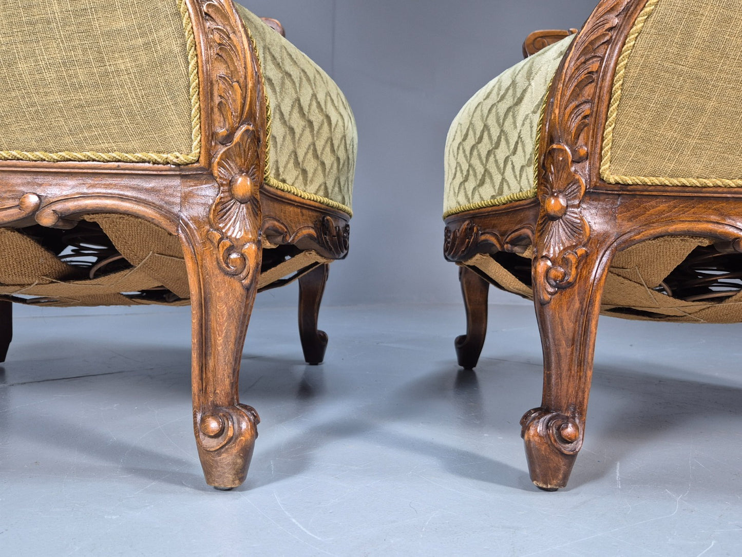 2 Antique Tub Chairs Oak Carved Frame Green Patterned Velvet 1920s EB10741 VCAR13