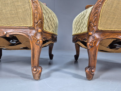 2 Antique Tub Chairs Oak Carved Frame Green Patterned Velvet 1920s EB10741 VCAR13