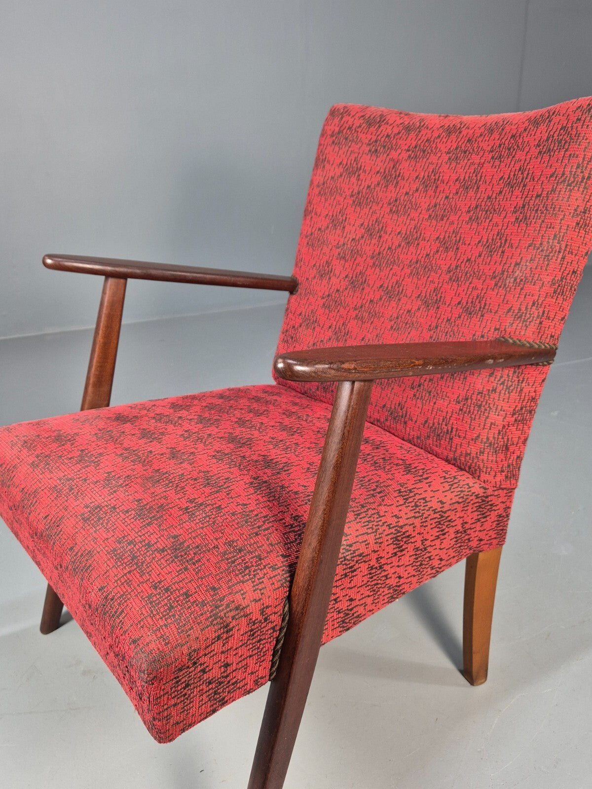 Mid Century Danish Armchair Teak Wood Red Pattern Fabric Vintage 60s EB9598 MNOR14