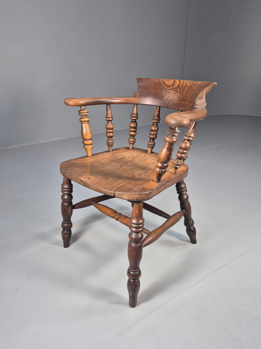 Vintage Oak Captains Chair Turned Stretchers Antique EB9030 VDIN - UKDK FURNITURE