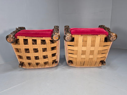 Art Deco Style Armchairs Pair Carved Oak Figures Creme Red Velour EB9586 VCAR - UKDK FURNITURE