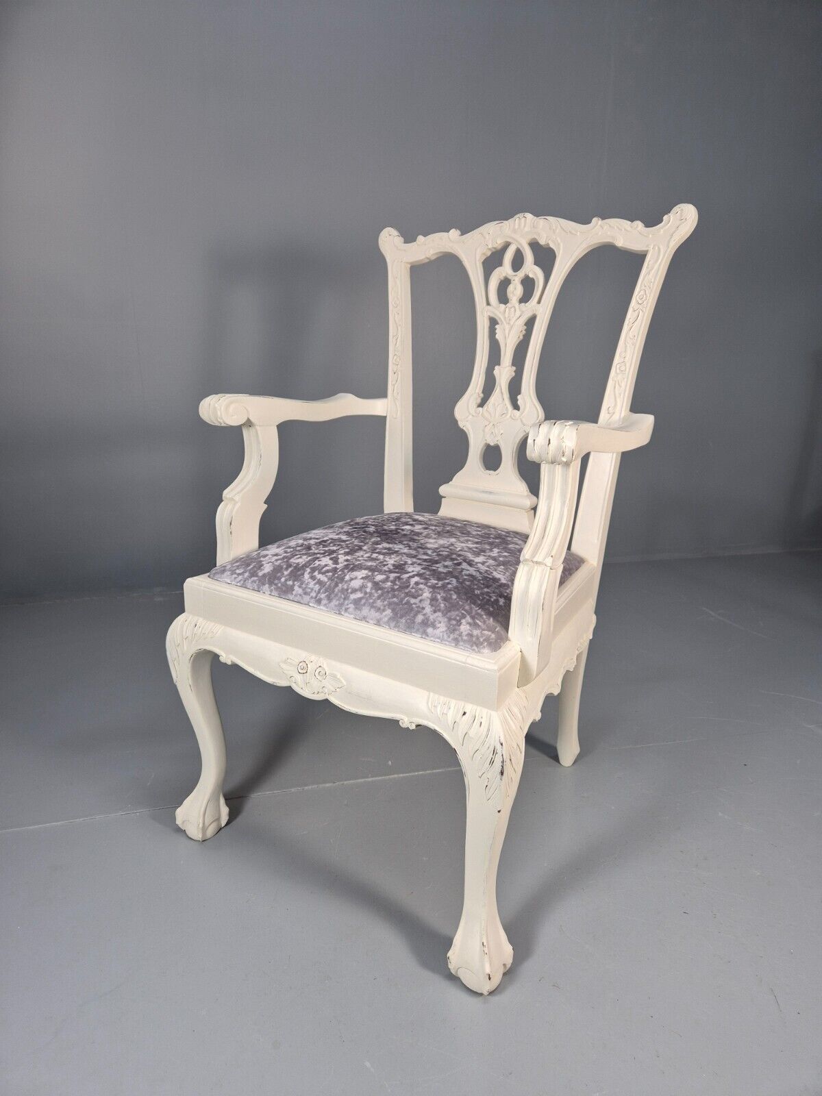 6 Vintage Chippendale Style Chairs White Painted Blue Chenille 1950s EB9394 VDIN - UKDK FURNITURE