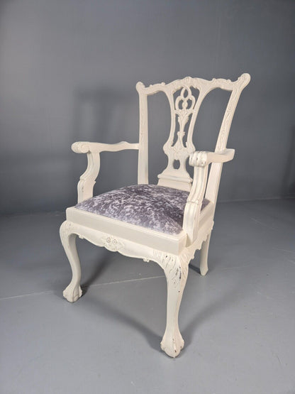 6 Vintage Chippendale Style Chairs White Painted Blue Chenille 1950s EB9394 VDIN - UKDK FURNITURE