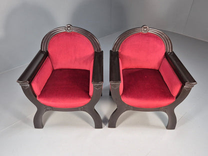 2 Vintage Danish Lounge Chairs Red Velour Mahogany Gondola Style EB8997 VCLO - UKDK FURNITURE