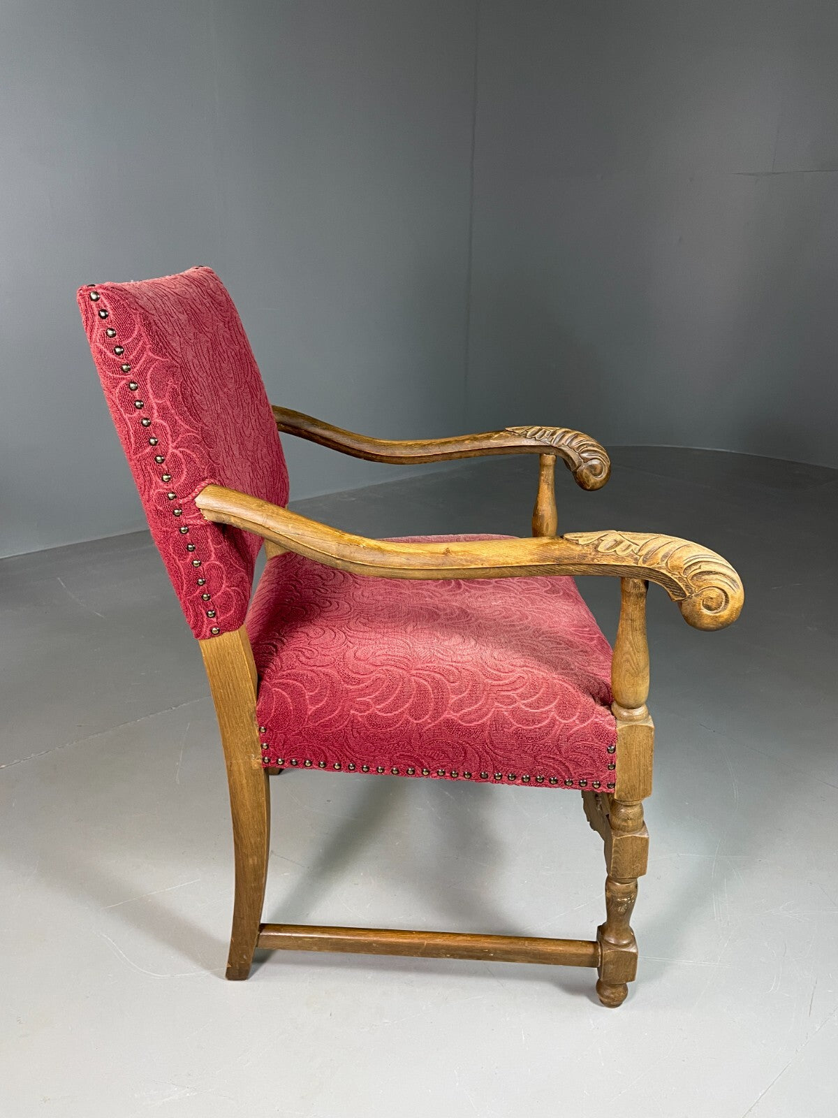 Vintage Danish Lounge Chair Oak Red Moquette 17th Century Style EB6942 VCLO11