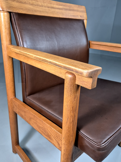 Vintage Scandinavian Elbow Chair Brown Leather Oak Frame Retro MCM EB7301 MNOR - UKDK FURNITURE