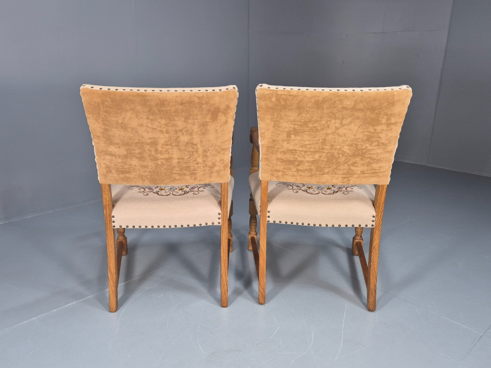 2 Baroque Elbow Chairs Oak Frame Vintage Denmark Floral Upholstery EB10727 VCAR11