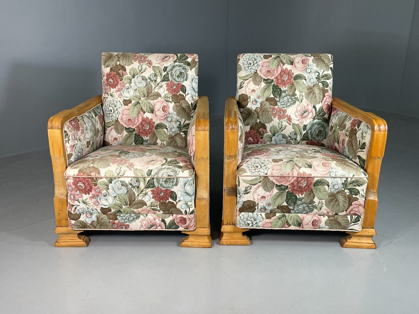 EB6654 2 Vintage Danish Lounge Chairs Floral Honey Oak Art Deco Antique VCLO - UKDK FURNITURE
