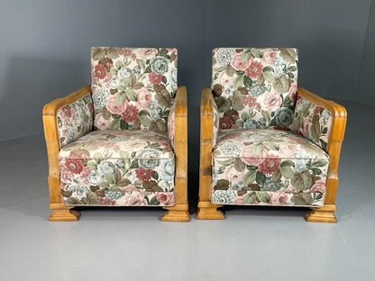 EB6654 2 Vintage Danish Lounge Chairs Floral Honey Oak Art Deco Antique VCLO - UKDK FURNITURE