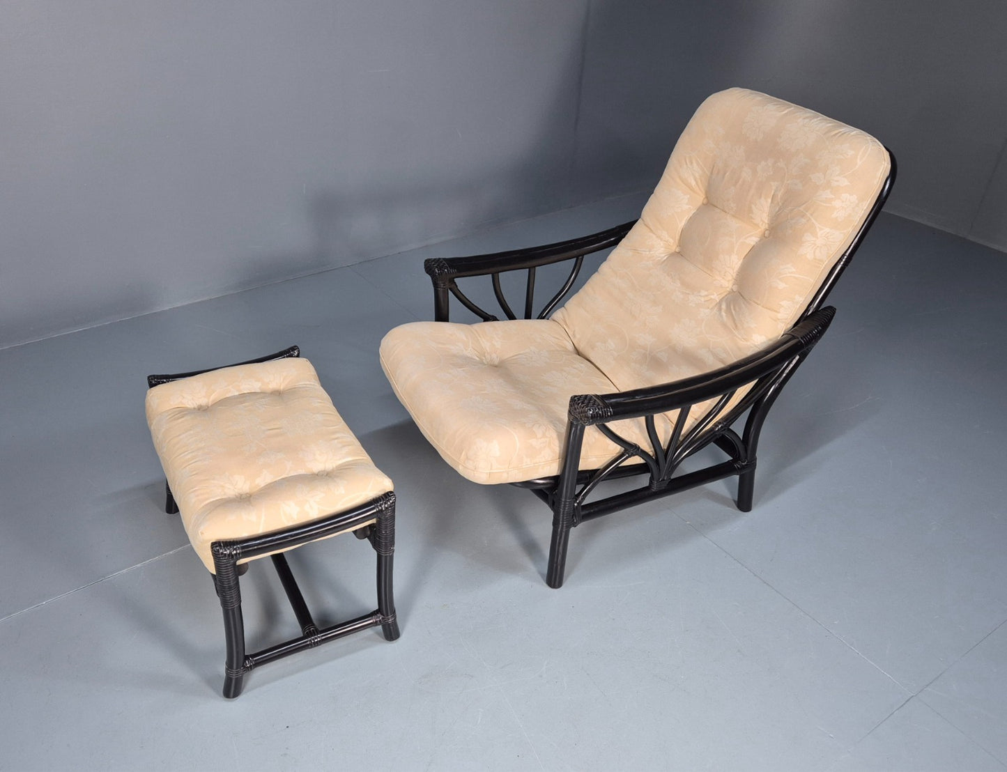 Vintage Japanned Bamboo Lounge Chair and Footstool 1980s Retro EB10718 VBER1