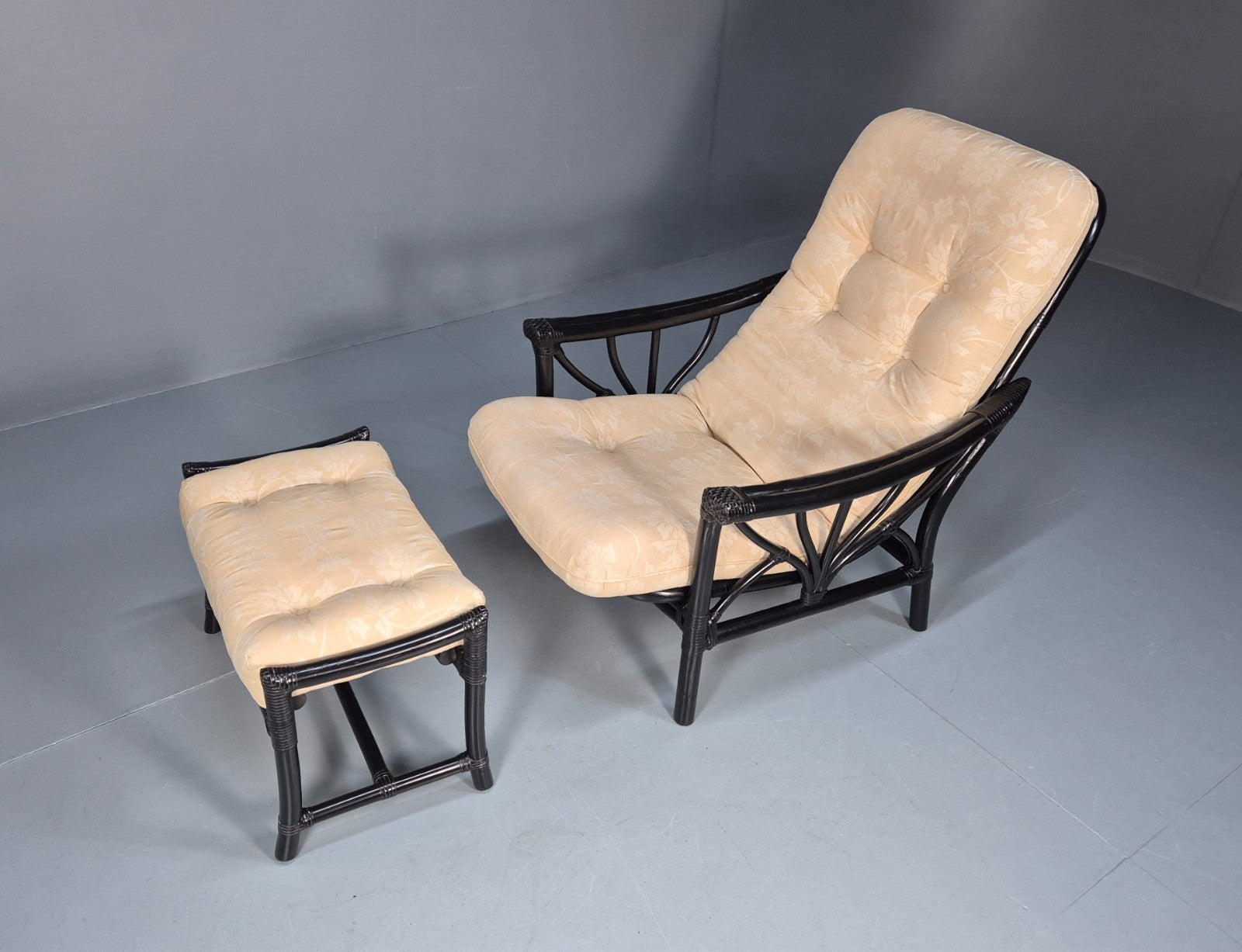 Vintage Japanned Bamboo Lounge Chair and Footstool 1980s Retro EB10718 VBER1