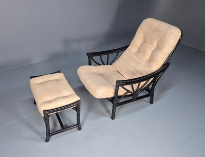 Vintage Japanned Bamboo Lounge Chair and Footstool 1980s Retro EB10718 VBER1