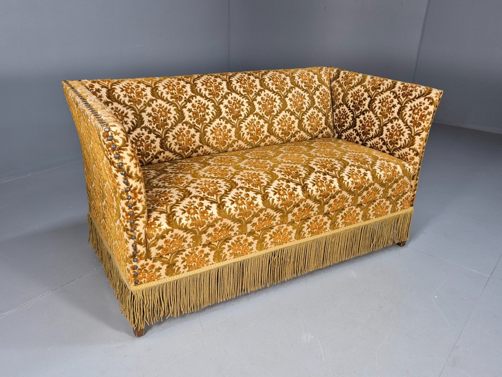 Vintage Danish 2 Seat Sofa Compact and Boxy Gold Moquette Tassels EB9588 V2SS - UKDK FURNITURE