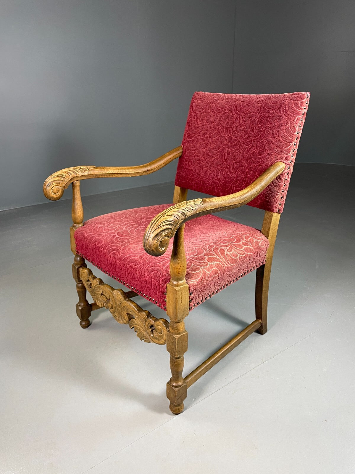 Vintage Danish Lounge Chair Oak Red Moquette 17th Century Style EB6942 VCLO0