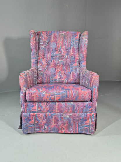 Vintage Danish Wingback Chair 1980s Retro Geometric Cotton Weave EB11291 MNOR2