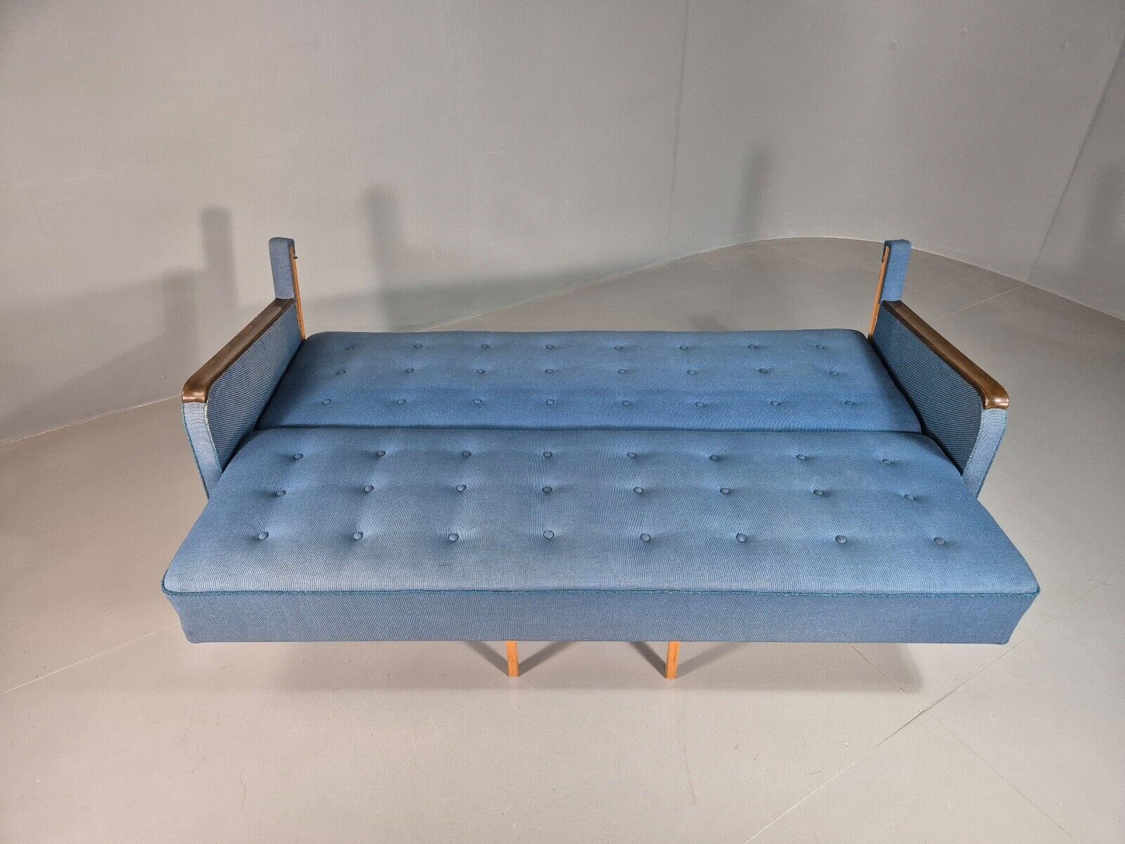 Vintage Danish Sofa Bed Blue Wool Teak Arms 1960s Retro MCM EB7259 M3SS - UKDK FURNITURE