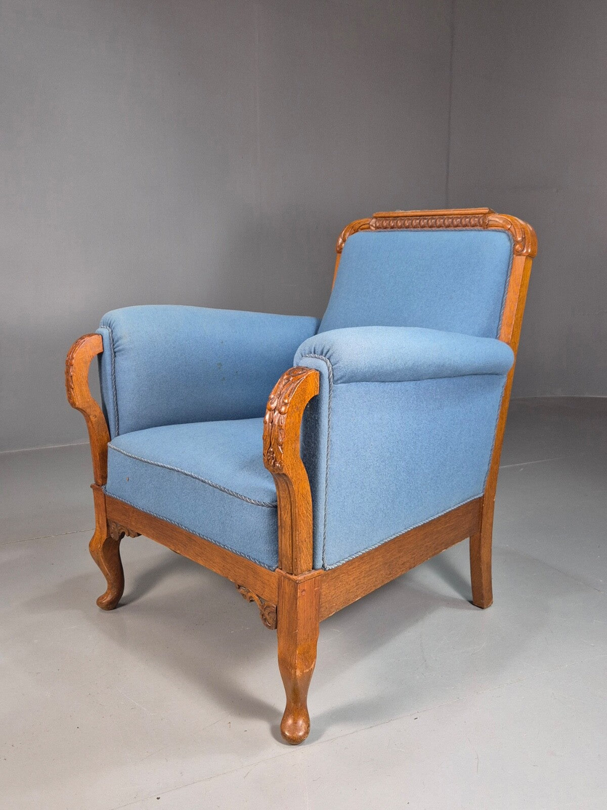Vintage Danish Lounge Chair Blue Cloth Oak Frame 1900s Antique VCLO EB781316