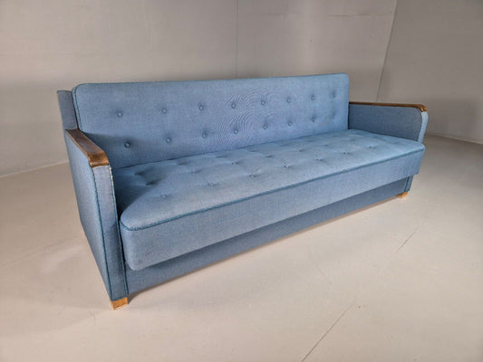 Vintage Danish Sofa Bed Blue Wool Teak Arms 1960s Retro MCM EB7259 M3SS - UKDK FURNITURE