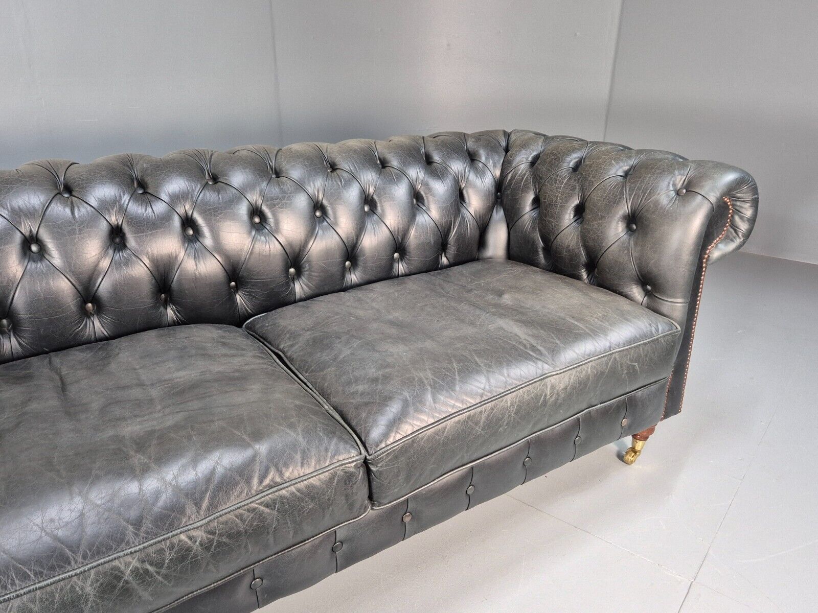 A Vintage Chesterfield Faded Black Leather 3 Seat Quality Build EB9161 VCHE - UKDK FURNITURE
