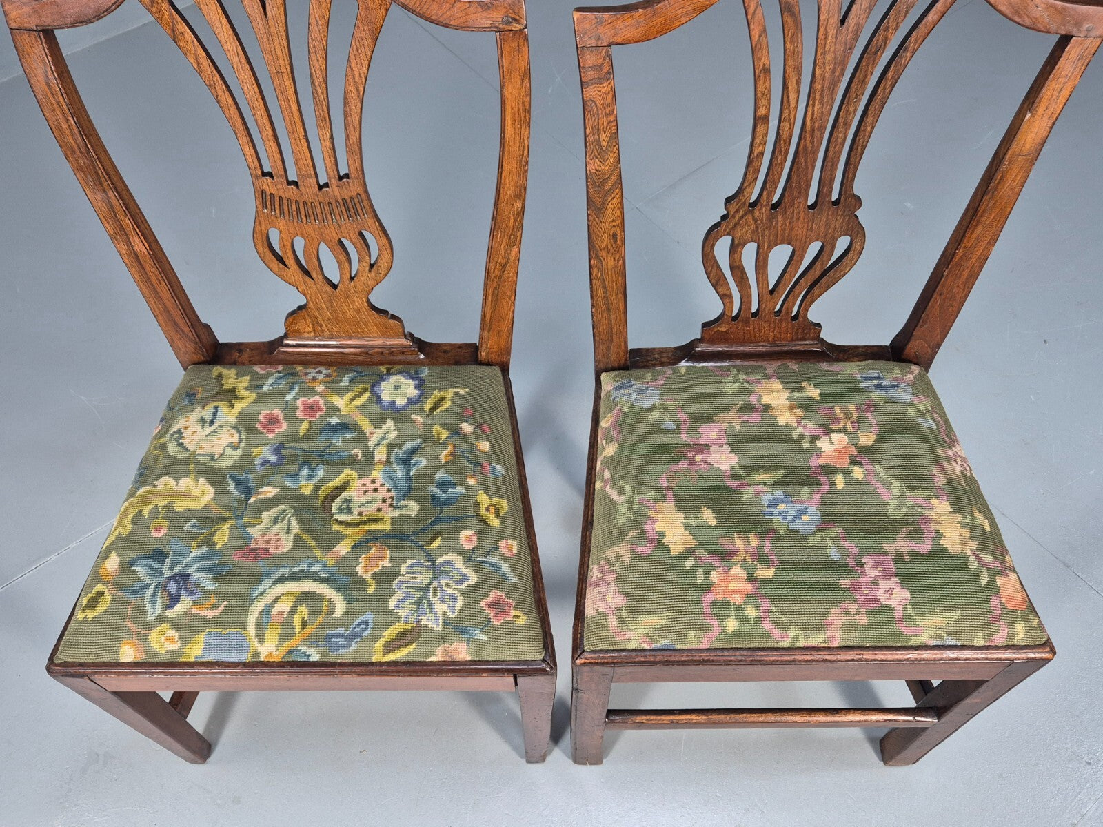 2 Vintage Oak Dining Chairs Green Floral Georgian Style Antique EB9084 VDIN - UKDK FURNITURE