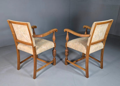 2 Antique Hall Chairs in Oak Frame and Floral Upholstery EB7362 VCAR11