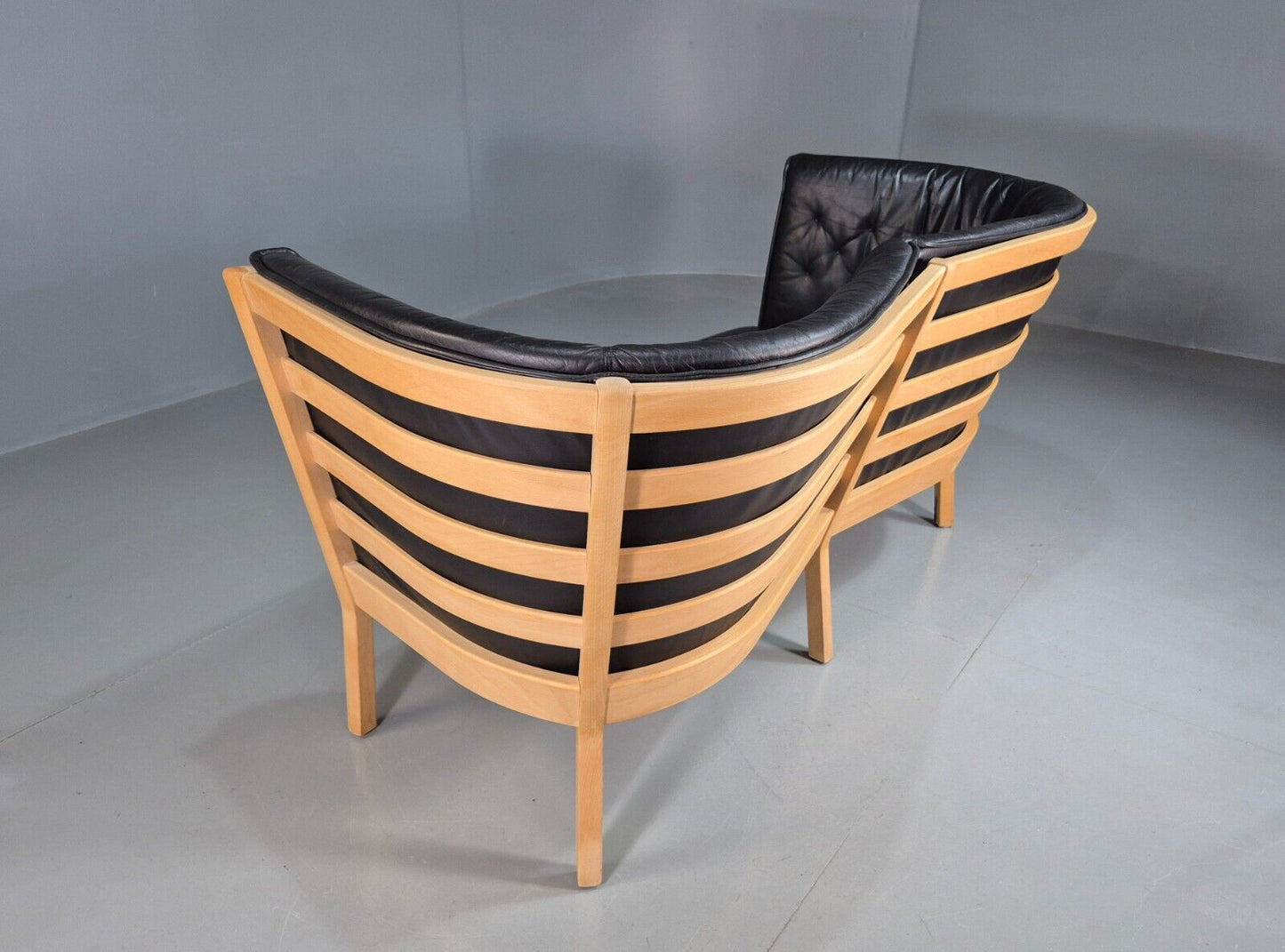 Vintage Danish 2 Seat Sofa Black Leather Beech Stouby Retro MCM EB7447 M2SS - UKDK FURNITURE