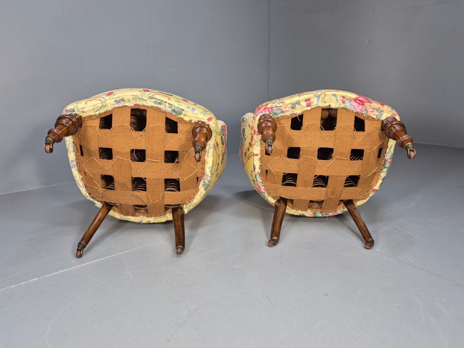 Pair Vintage Danish Floral Print Antique Tub Chairs Walnut Legs EB9012 VCLO - UKDK FURNITURE