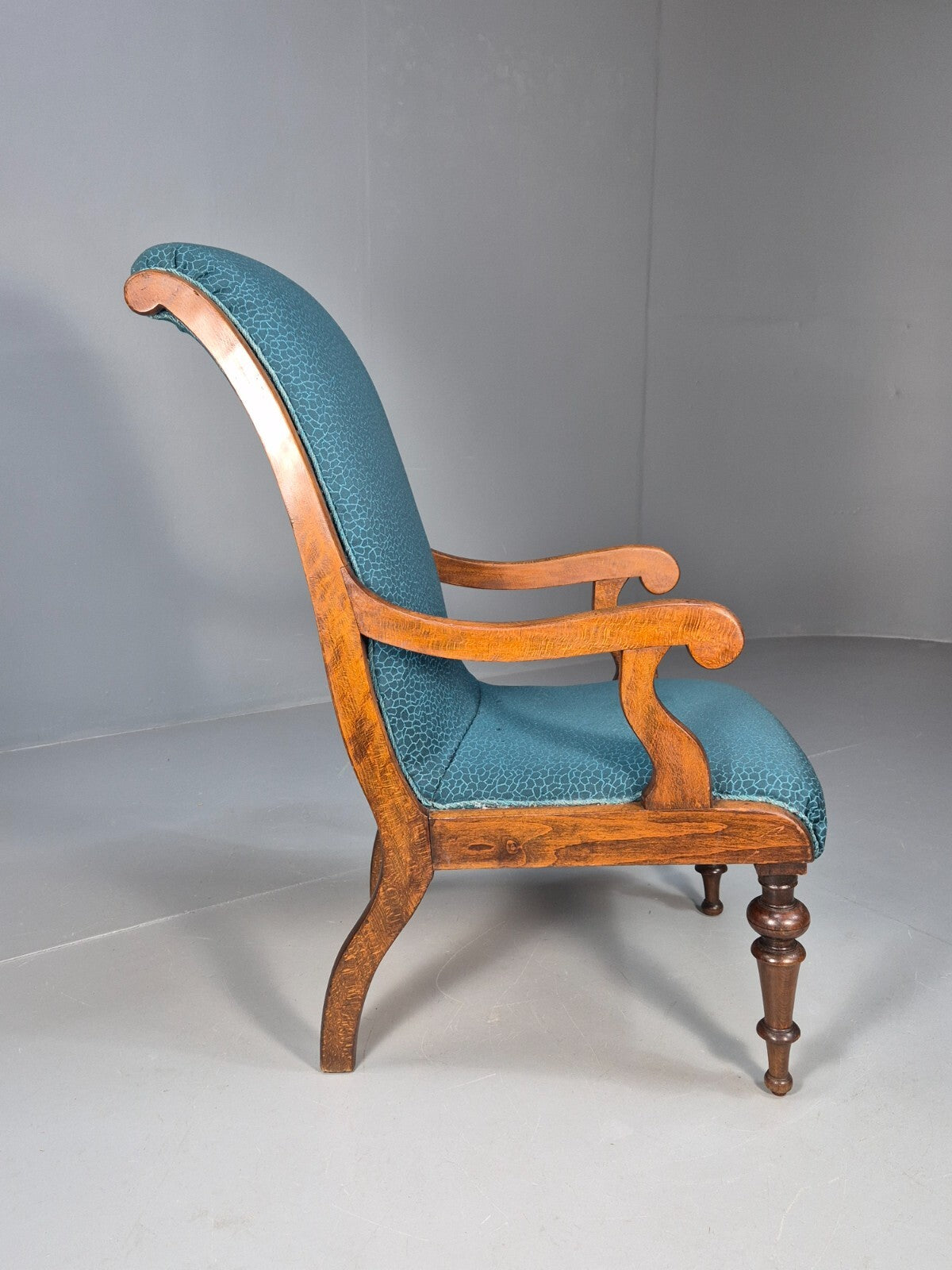 Antique Danish Oak Armchair Blue Pattern Fabric Vintage Design EB9625 VCLO - UKDK FURNITURE