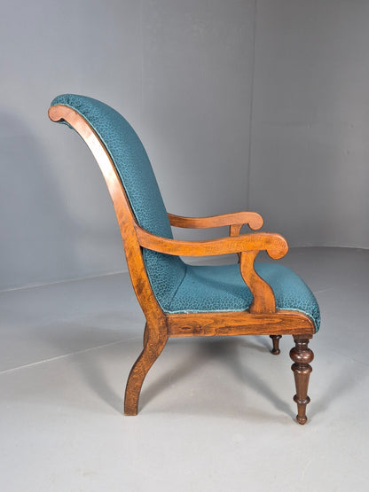 Antique Danish Oak Armchair Blue Pattern Fabric Vintage Design EB9625 VCLO - UKDK FURNITURE