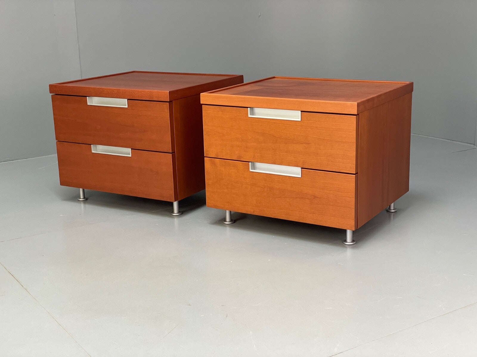 Vintage Pair Bedside Tables Cherry Wood Aluminium 1980s Drawers EB9819 MWOO - UKDK FURNITURE