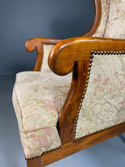 EB6426 Vintage Danish Wing Back Lounge Chair Haedwood Frame Floral Antique VCLO - UKDK FURNITURE